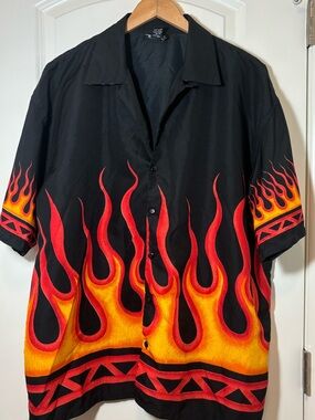 Rworld Men's Black Flame Print Short Sleeve Shirt